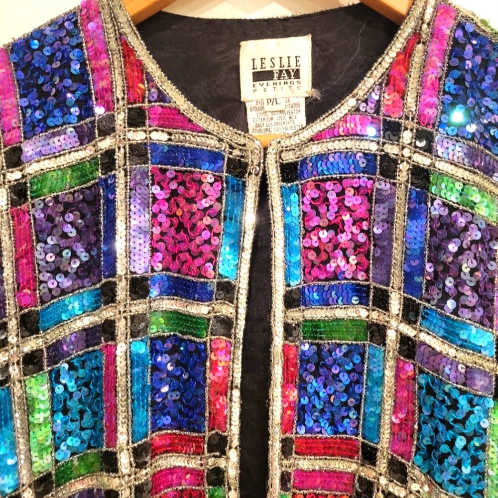 VINTAGE 80'S LESLIE FAY RAINBOW SEQUIN EVENING JACKET SIZE LARGE PETITE - Picture 9 of 16